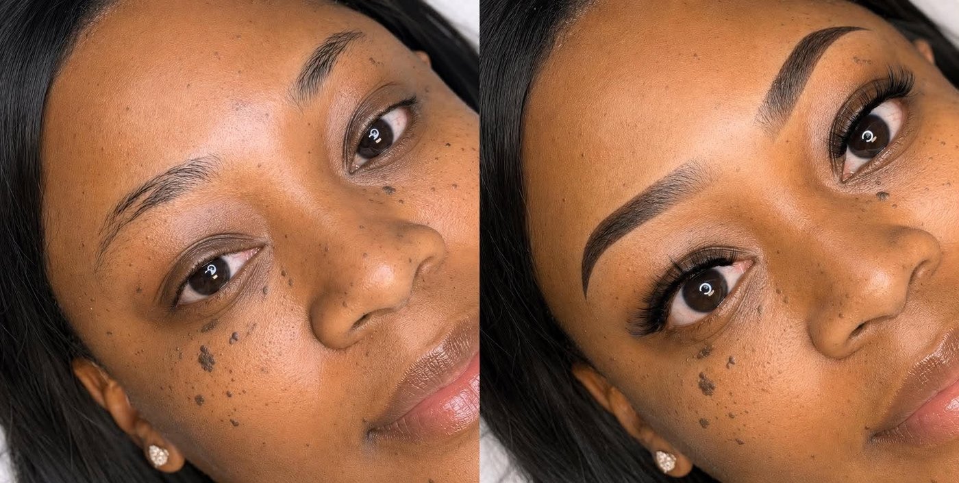 Before and after ombré brows on a client with deeper skin, Houston TX